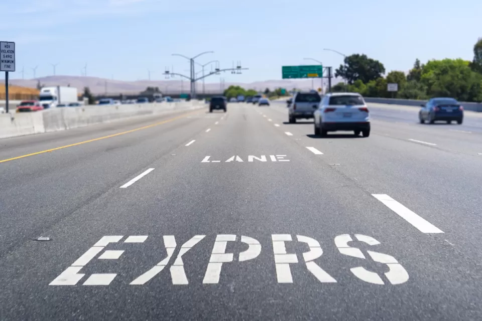 Close-up of express lane marker on Bay Area freeway.